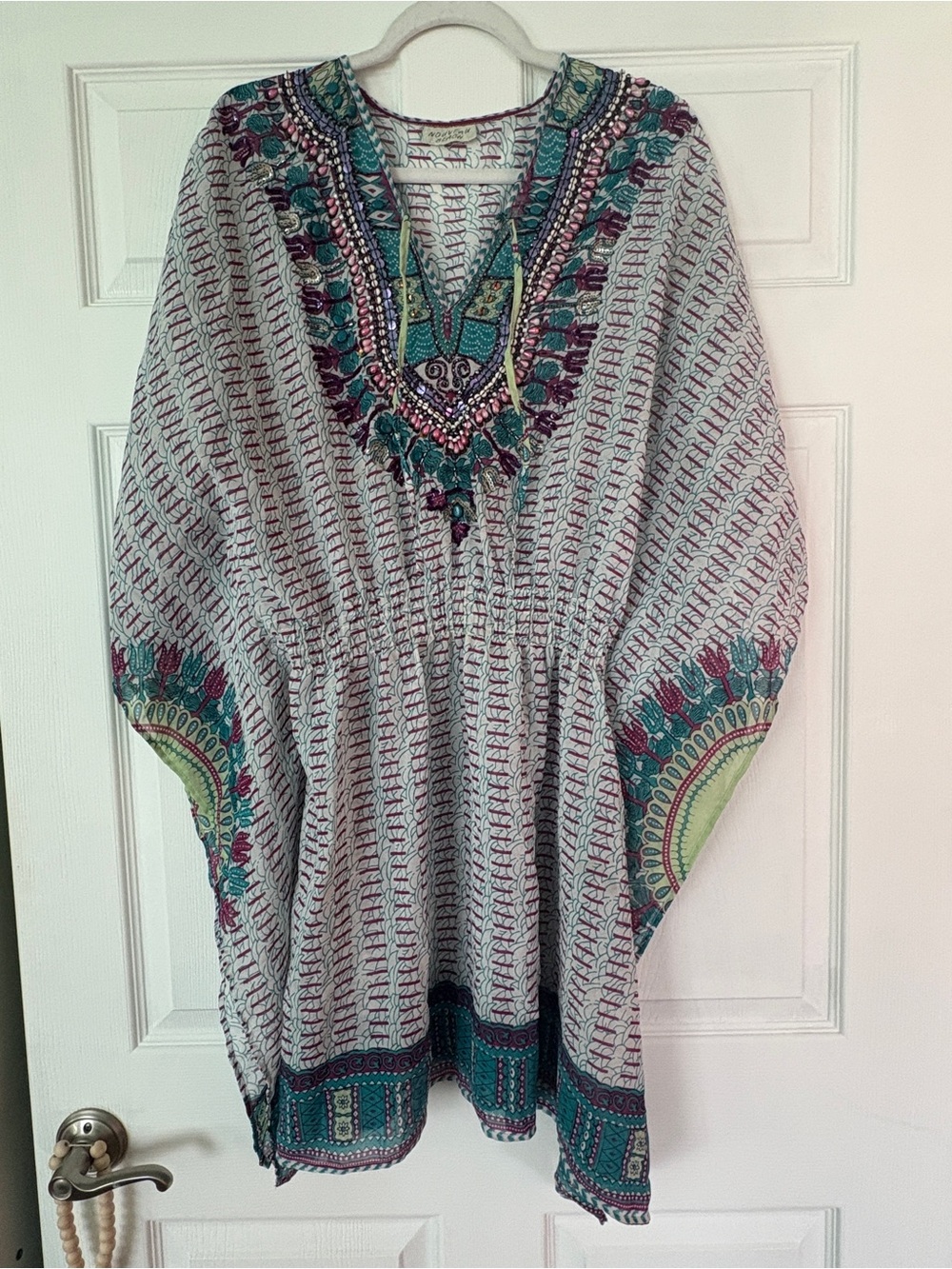 Nouveau Beach Bohemian Beaded and Sequined V-Neck Tunic Top in Teal and Purple